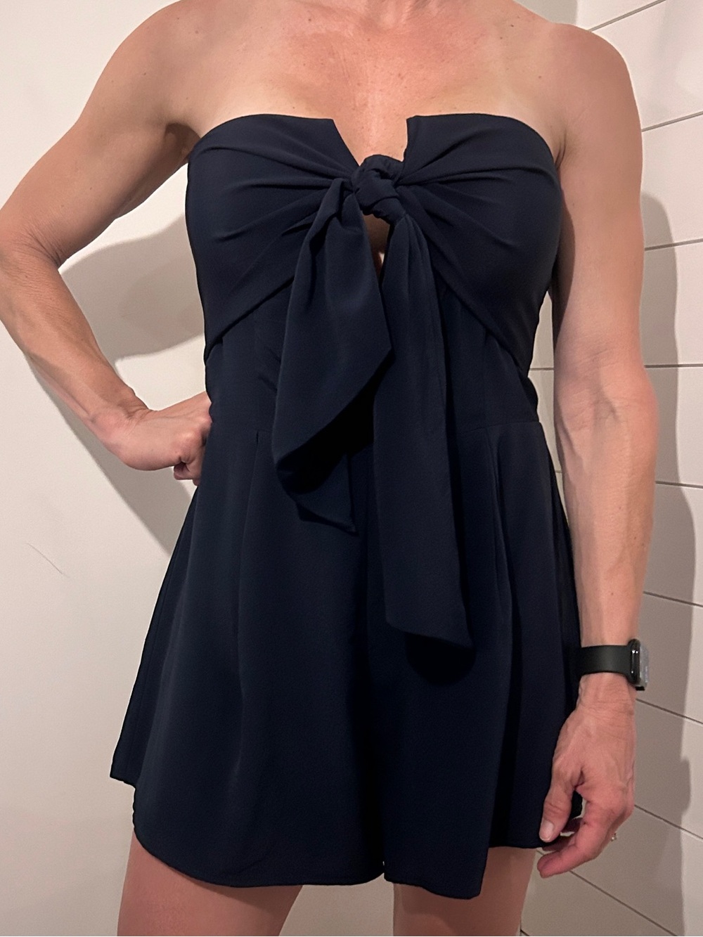 Lulu's Navy Strapless Tie-Front Romper Dress